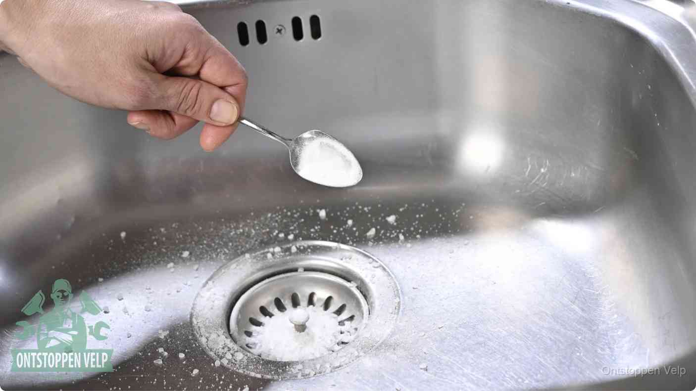 Een hand strooit met een lepel soda in de afvoer van een roestvrijstalen spoelbak, de soda en azijn huismiddel-methode om de afvoer te ontstoppen in Velp