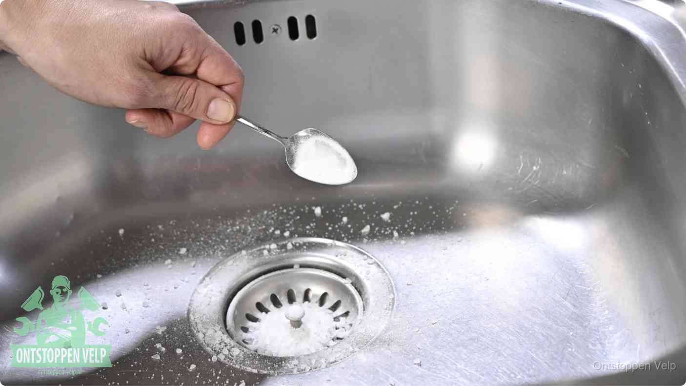 Een hand strooit met een lepel soda in een afvoerputje, de soda en azijn huismiddel-methode om de wc te ontstoppen in Velp